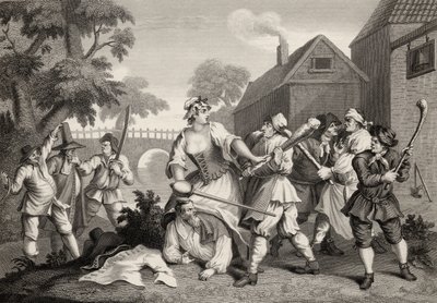 O Cavaleiro Submete a Trulla, de &39;Hudibras&39;, de Samuel Butler (1612-1680), gravado por FF Walker, de &39;The Works of William Hogarth&39;, publicado em 1833. de William Hogarth