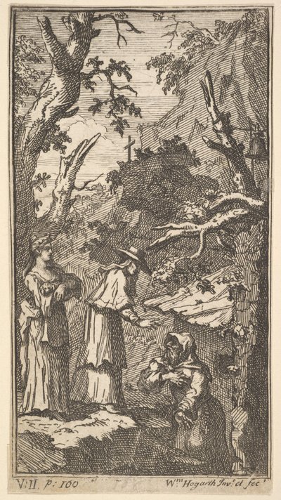 A Nova Metamorfose, Ilustração 7: O Cardeal, um Eremita e Donna Angela Holding Fantasio, 1724. de William Hogarth