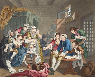 The Rake in Prison, prato VII, de &39;A Rake&39;s Progress&39;, ilustração de &39;Hogarth Restaurado: As Obras Completas do célebre William Hogarth, re-gravado por Thomas Cook&39;, pub. 1812 (colorido à mão e de William Hogarth