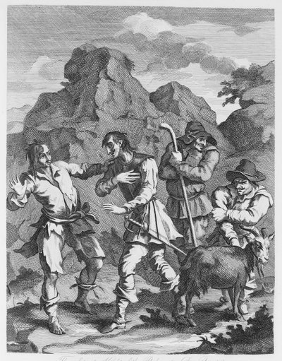 O desafortunado cavaleiro da rocha que se encontra com Dom Luixote de William Hogarth