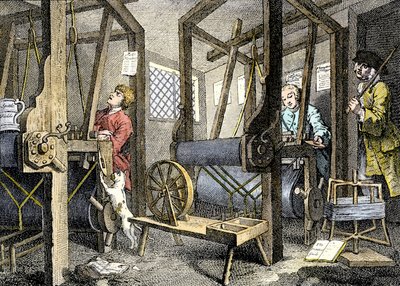 Oficina e trabalhador com material de tecelagem em Spitalfields, Inglaterra de William Hogarth