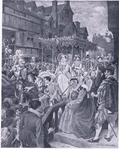 A entrada estatal da Rainha Maria em Edimburgo 1561, de Cassells History of the British People publicado pela Waverley Book Company, c.1950