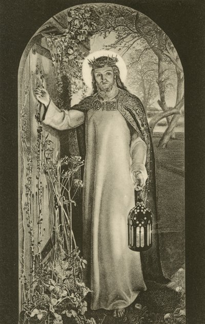 A Luz do Mundo, pintura no Keble College, Oxford, Oxfordshire, retratando Cristo carregando uma lanterna e batendo em uma porta (foto a p/b) de William Holman (after) Hunt