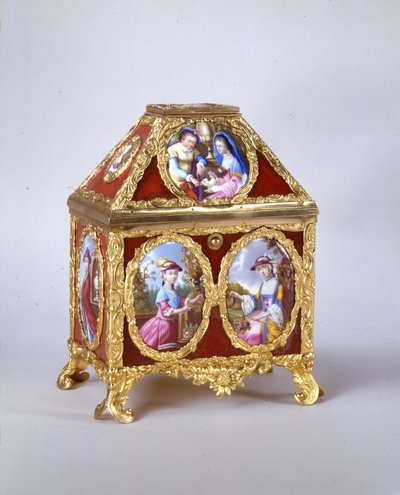 O caixão George III contém um relógio de bordo à maneira de James Cox, c.1770 (metal dourado, esmalte e verre-eglomise) (ver também 741846) de William Hopkins Craft