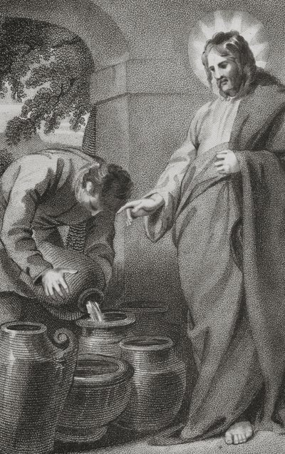 Cristo transforma água em vinho, de "A história e vida de nosso bendito senhor e Salvador Jesus Cristo", do reverendo J. Milner, publicado por B. Crosby, 1808 de William Hopwood