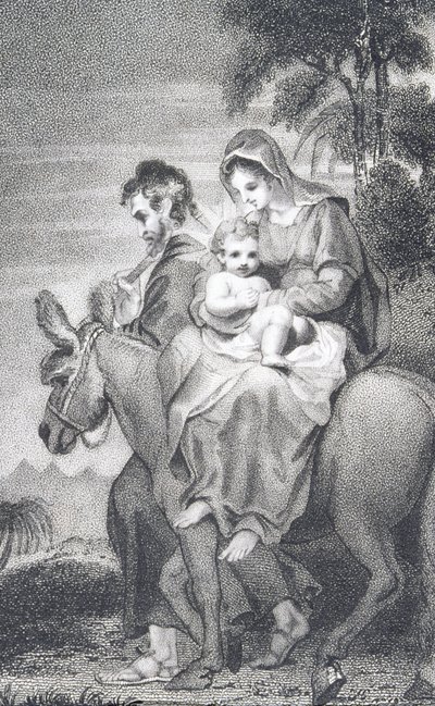 A fuga para o Egito, de "A História e a Vida de Nosso Abençoado Senhor e Salvador Jesus Cristo", do Reverendo J. Milner, publicado por B. Crosby, 1808 de William Hopwood