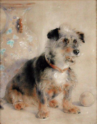 Terrier sentado diante de um Canton Famille Rose Vase de William Huggins
