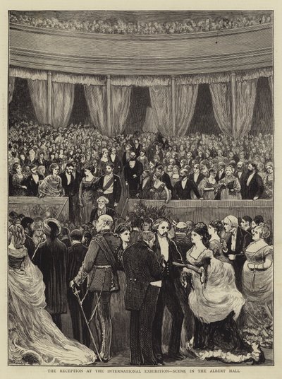 A recepção na exposição internacional, cena na gravura de Albert Hall de William III Bromley