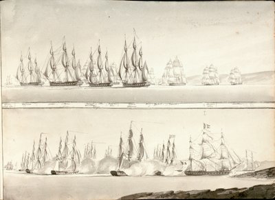 Diferentes modos de pintar a linha de navios de guerra, início do século XIX (caneta, lavagem a cinzento) de William Innes Pocock