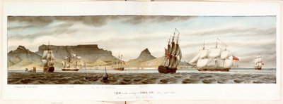 Esquadra de navios a partir do ancoradouro em Table Bay, Cabo da Boa Esperança, finais do século XVIII e princípios do século XIX (aguarela) de William Innes Pocock