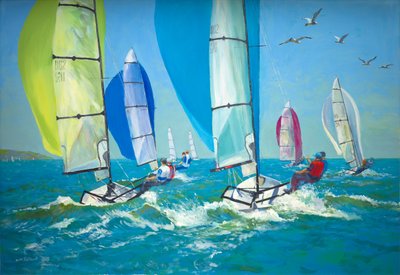 Barcos com spinnakers out (óleo a bordo) de William Ireland