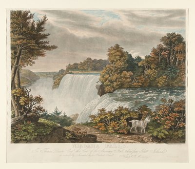 Cataratas do Niágara. A Thomas Dixon Esq. é respeitosamente dedicada esta vista da catarata americana, tirada de Goat Island de William James Bennett