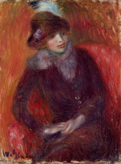 Mulher sentada com gola de pele e fundo vermelho de William James Glackens