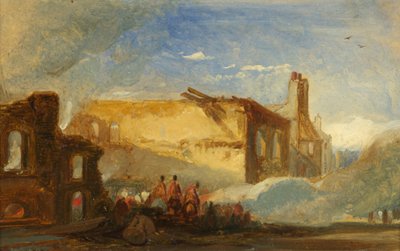 Tumultos de Bristol: ruínas de armazéns em Prince Street, com tropas montadas, c.1831 (óleo sobre papel) de William James Muller