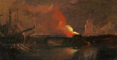 Tumultos de Bristol: o incêndio das casas de pedágio na Prince Street Bridge com St Mary Redcliffe, c.1831 (óleo sobre papel) de William James Muller