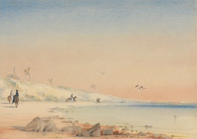 Gâmbia - uma baía arenosa com figuras caminhando e cavalgando no Cabo de Santa Maria de William John Chamberlayne