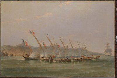Capitão Robert Maunsell capturando canhoneiras francesas ao largo de Java, julho de 1811, c.1811 (óleo sobre tela) de William John Huggins