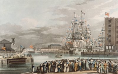 Doca de St. Katherine: Abertura em 25 de outubro de 1828, gravada por E. Duncan (colorido aquatint) de William John Huggins