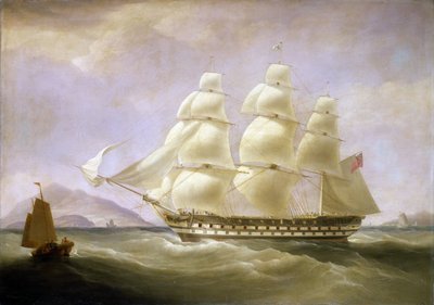 O barco indiano "Triton", ao largo da costa da China, com um pequeno barco local visível. Óleo sobre tela de William John Huggins