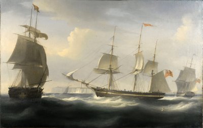 O navio "Delaford", construído no Tamisa em 1788 para o comércio entre Londres (Inglaterra) e as Índias Orientais. Óleo sobre tela, cerca de 1830, de William John Huggins (1781-1845). de William John Huggins