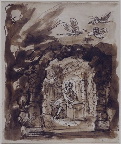 Alexander Pope em sua gruta (caneta e tinta com lavagem em papel) de William Kent