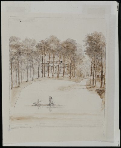 Birdhouse em Chiswick; piscina com um casal em um barco, a mulher pescando (caneta e lápis marrom sobre lápis sobre papel) de William Kent