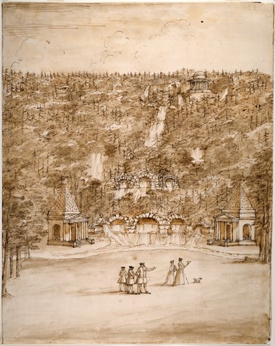 Chatsworth: desenho para uma Cascata, início dos anos 1740 (Caneta e tinta castanha com lavagem castanha sobre lápis em papel) de William Kent