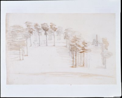 Chiswick, uma vista de um ponto elevado acima do Templo do Jardim das Laranjeiras (lápis e lavagem em papel) de William Kent