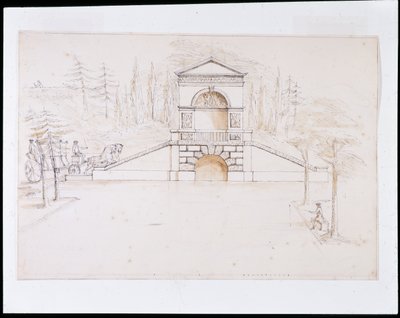 Chiswick, design para uma cascata pedimentada combinada com uma ponte rodoviária no final do canal (caneta e tinta e lavagem em papel) de William Kent