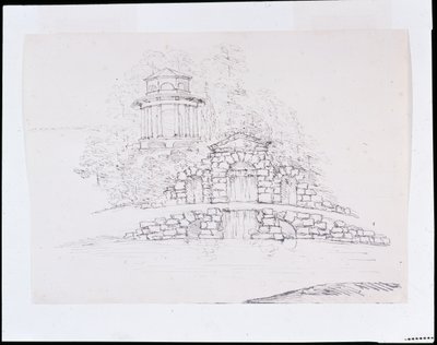Chiswick, design para uma cascata de palavras rochosas com um templo dórico octogonal no terraço atrás (caneta e tinta sobre lápis sobre papel) de William Kent