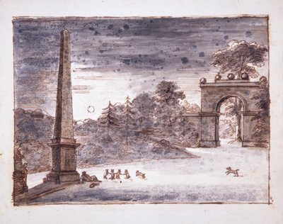 Chiswick, o Burlington Lane Gate e o Obelisco ao luar com Kent sentado junto ao Obelisco a sonhar, e com coelhos a brincar, c.1732 (caneta e tinta e lavagem sobre papel) de William Kent