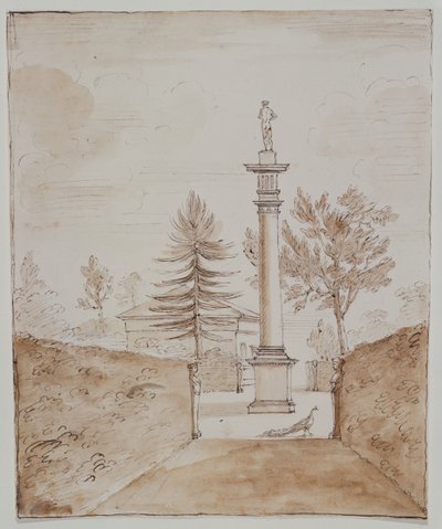 Chiswick, vista da Coluna Dórica com estátua de Vénus de Medici, e um vislumbre do lado da casa do veado (caneta e tinta sobre papel) de William Kent