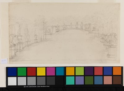 Chiswick, vista do Exedra mostrando a colocação da escultura (lápis sobre papel) de William Kent