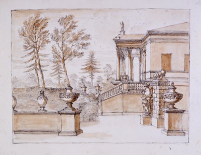 Chiswick, vista da Villa do lado da estátua de Inigo Jones (caneta e tinta e lavar a lápis sobre papel) de William Kent