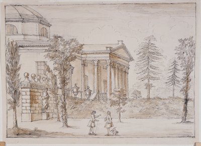 Chiswick, vista da villa do lado da estátua do Palladio (caneta e tinta e lavar a lápis sobre papel) de William Kent