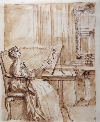 Lady Burlington sentada no seu Quarto de Jardim admirando um desenho do Velho Mestre (?) (caneta e tinta sobre papel) de William Kent