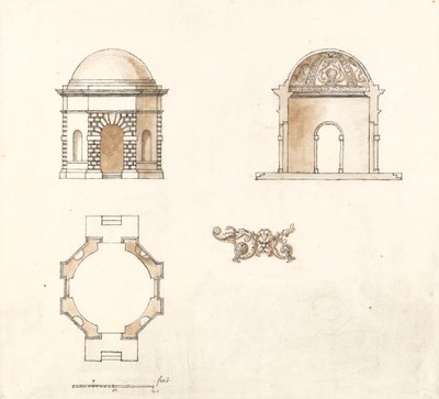 Templo Octogonal no Shotover Park, Oxfordshire: Plano, Secção e Elevação de William Kent