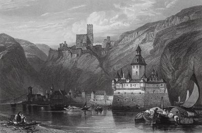 Caub, Castelo de Gutenfels, e o Pfalz, Reno (gravura) de William Leighton (after) Leitch