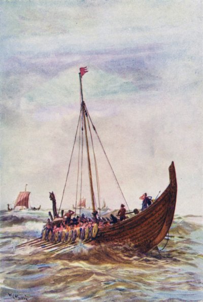 Navio de guerra do tempo do rei Alfred (cor litho) de William Lionel (after) Wyllie