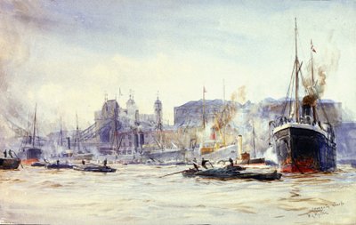 Cena de atividade ao longo de Irongate Quay, no Tamisa (Inglaterra), com a Tower Bridge à distância de William Lionel Wyllie