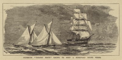 Barcos de alfaiates de Falmouth competem para encontrar um navio amarrado em casa de William Lionel Wyllie
