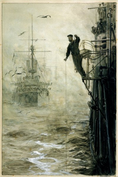 Encontrar o caminho através do nevoeiro, com um marinheiro a equilibrar-se na pista, segurando um fio de prumo, em primeiro plano, para medir a profundidade da água de William Lionel Wyllie