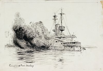 HMS "Canopus" em Port Stanley, disparando as salvas de abertura da Batalha das Ilhas Falkland, 8 de dezembro de 1914 (caneta e tinta, com lavagem a preto, sobre cartão) de William Lionel Wyllie