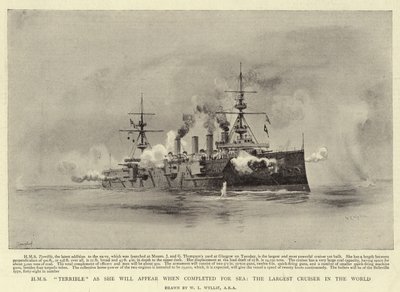 HMS terrível como ela vai aparecer quando concluída para o mar, o maior cruzador do mundo de William Lionel Wyllie