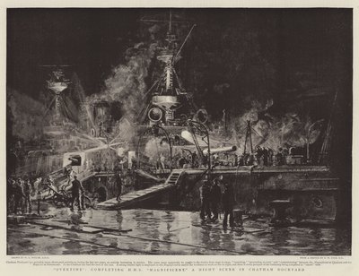 Horas extras, completando o HMS Magnificent, uma cena noturna no estaleiro de Chatham de William Lionel Wyllie