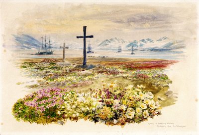 Search Bay (Research Bay, Tasmânia, Austrália), duas cruzes plantadas em canteiros de flores com navios à distância. Aguarela de William Lionel Wyllie