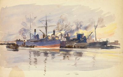 Esboço de navios mercantes no porto, final do século XIX e início do século XX (aguarela) de William Lionel Wyllie