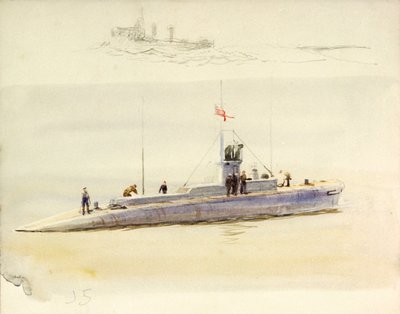 Submarino J.5 e esboço de outro navio de combate, início do século XX (aguarela, grafite) de William Lionel Wyllie