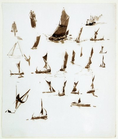 Estudos de barcos no Tamisa (Inglaterra). Guache retirado de um caderno de apontamentos, cerca de 1890, de William Lionel Wyllie (1851-1931). de William Lionel Wyllie