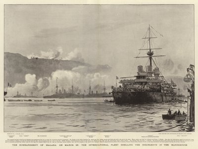 O bombardeio de Malaxa em 23 de março, a frota internacional bombardeando os insurgentes no Blockhouse de William Lionel Wyllie